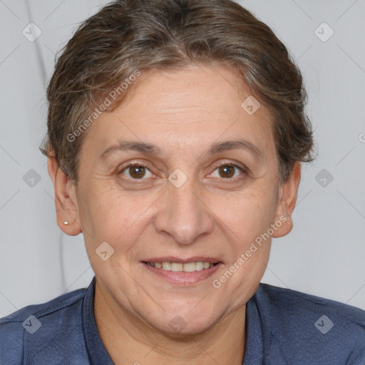 Joyful white adult female with short  brown hair and brown eyes