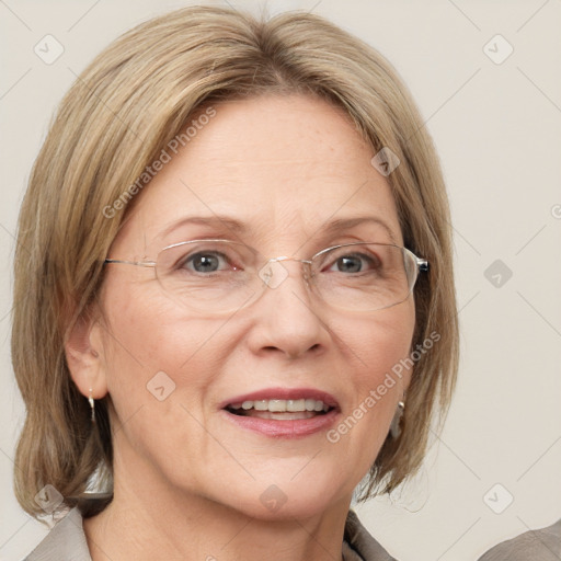 Joyful white adult female with medium  brown hair and blue eyes