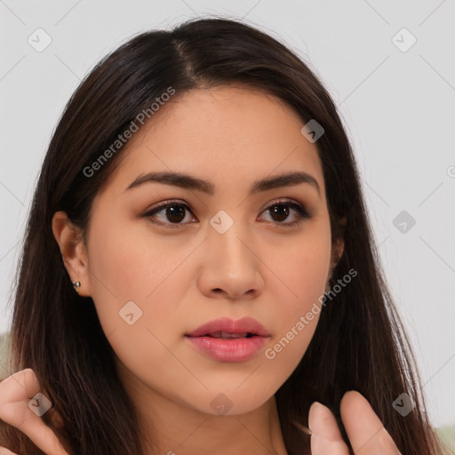 Neutral white young-adult female with long  brown hair and brown eyes