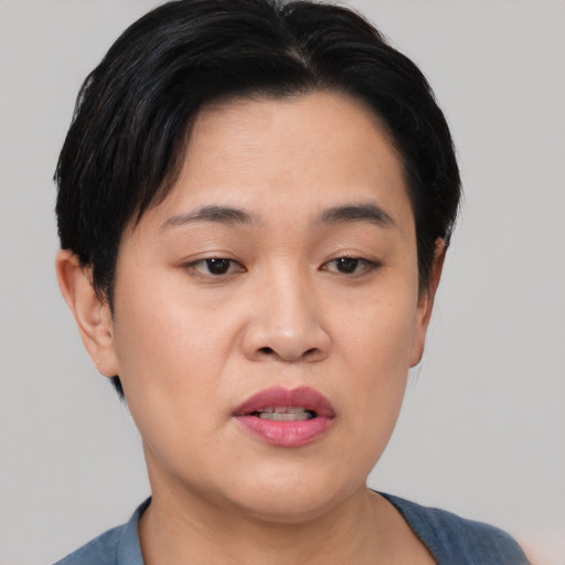 Joyful asian young-adult female with short  black hair and brown eyes