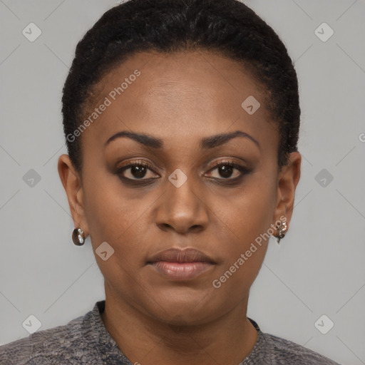 Neutral black young-adult female with short  brown hair and brown eyes