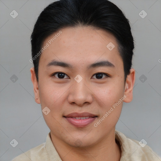 Joyful asian young-adult male with short  brown hair and brown eyes