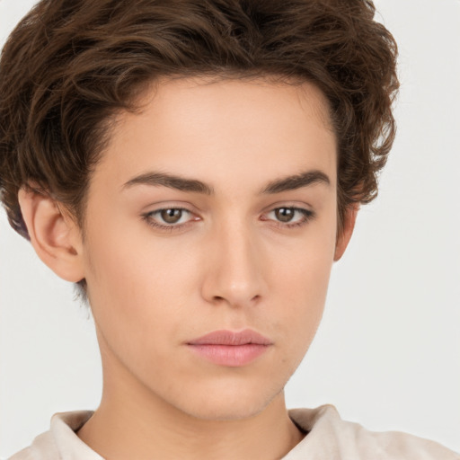 Neutral white young-adult female with short  brown hair and brown eyes