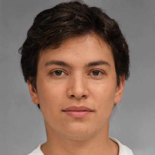 Neutral white young-adult female with short  brown hair and brown eyes