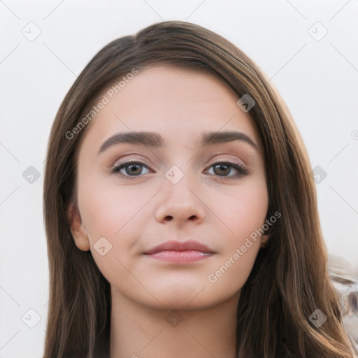 Neutral white young-adult female with long  brown hair and brown eyes