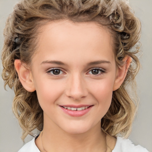 Joyful white child female with medium  brown hair and brown eyes