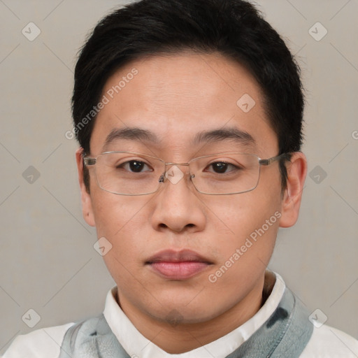 Neutral latino young-adult male with short  brown hair and brown eyes