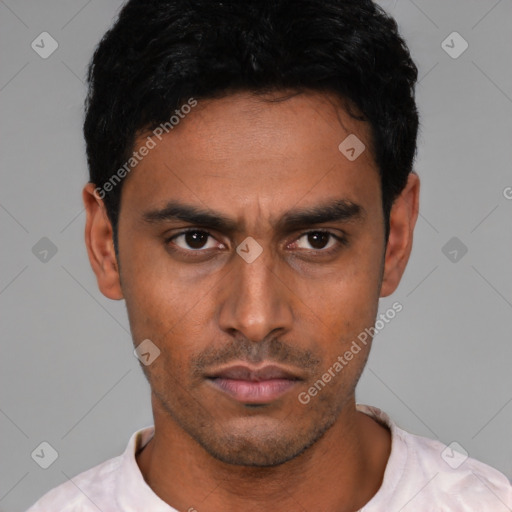 Neutral latino young-adult male with short  black hair and brown eyes