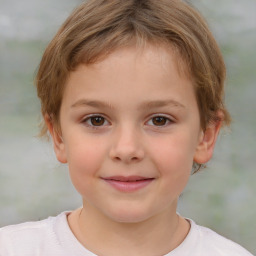 Joyful white child female with short  brown hair and brown eyes