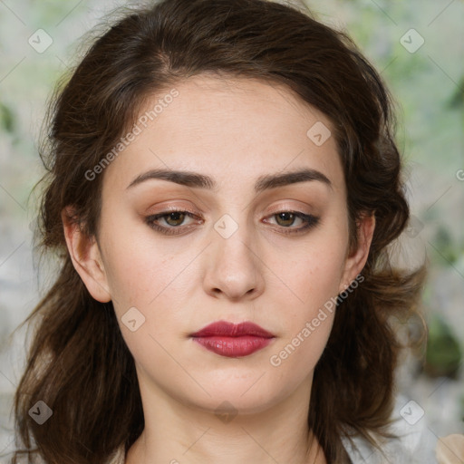 Neutral white young-adult female with medium  brown hair and brown eyes