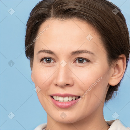 Joyful white young-adult female with short  brown hair and brown eyes