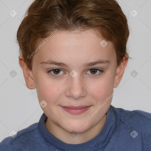 Joyful white child female with short  brown hair and brown eyes