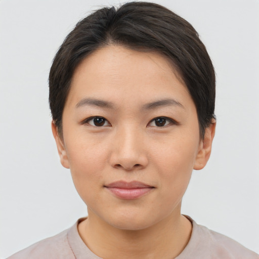 Neutral asian young-adult female with short  brown hair and brown eyes
