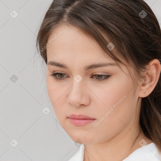 Neutral white young-adult female with medium  brown hair and brown eyes