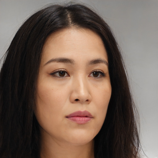 Neutral asian young-adult female with long  brown hair and brown eyes