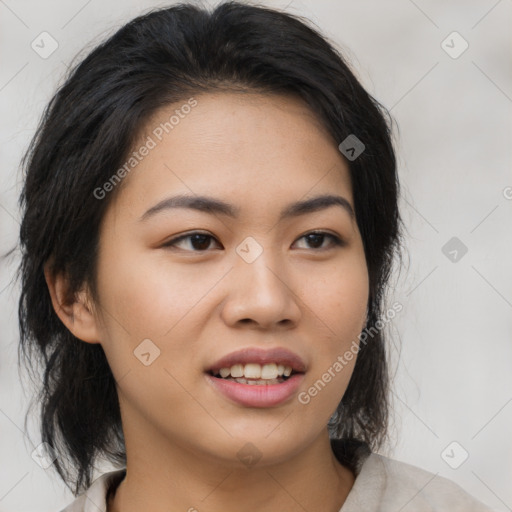 Joyful asian young-adult female with medium  black hair and brown eyes