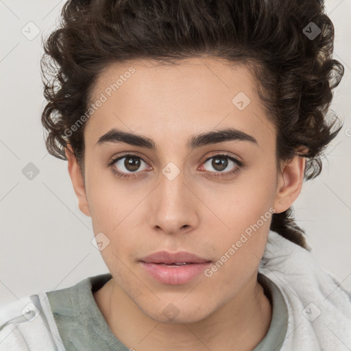 Neutral white young-adult female with short  brown hair and brown eyes