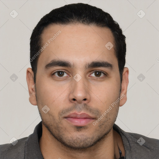 Neutral latino young-adult male with short  black hair and brown eyes