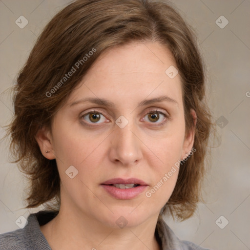 Joyful white young-adult female with medium  brown hair and blue eyes