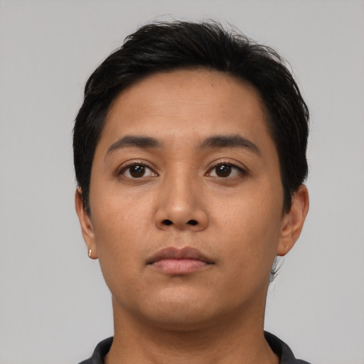 Neutral asian young-adult male with short  black hair and brown eyes