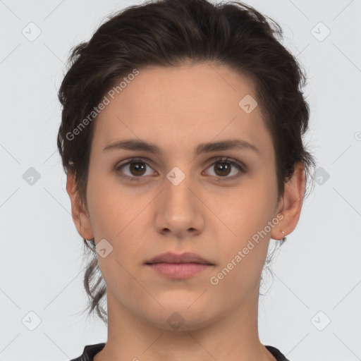 Neutral white young-adult female with short  brown hair and brown eyes