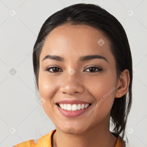 Joyful white young-adult female with medium  black hair and brown eyes