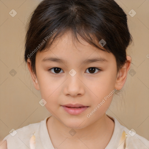 Joyful white child female with medium  brown hair and brown eyes