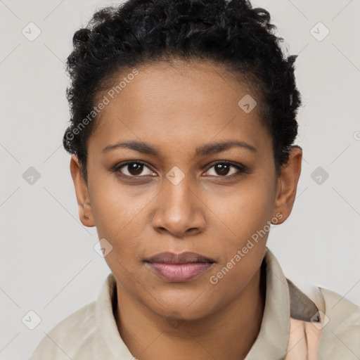 Neutral black young-adult female with short  brown hair and brown eyes