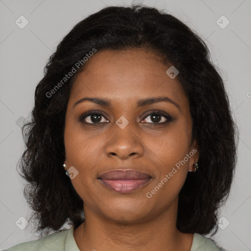 Joyful black young-adult female with medium  brown hair and brown eyes