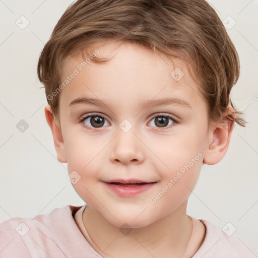 Joyful white child female with short  brown hair and brown eyes