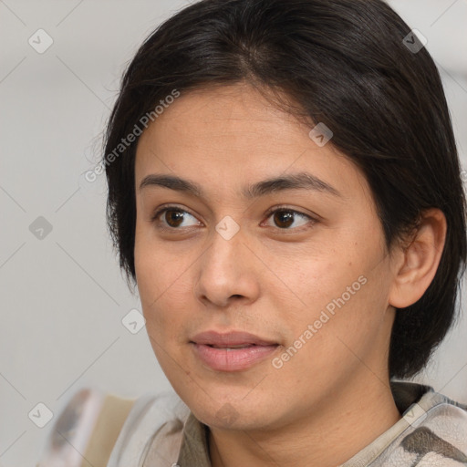 Neutral white young-adult female with medium  brown hair and brown eyes