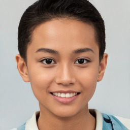 Joyful white child female with short  brown hair and brown eyes