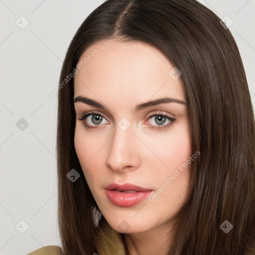 Neutral white young-adult female with long  brown hair and brown eyes