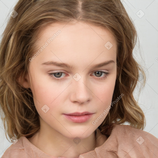 Neutral white child female with medium  brown hair and grey eyes