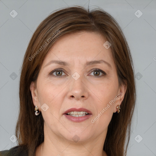 Joyful white adult female with medium  brown hair and grey eyes