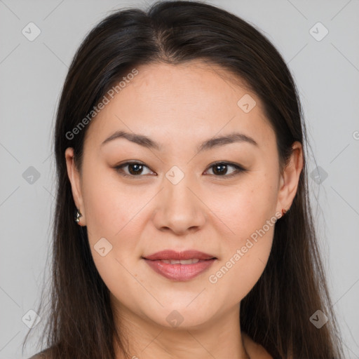 Joyful white young-adult female with long  brown hair and brown eyes