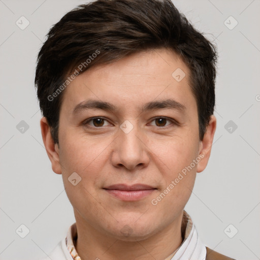 Joyful white young-adult male with short  brown hair and brown eyes