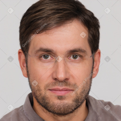 Neutral white adult male with short  brown hair and brown eyes