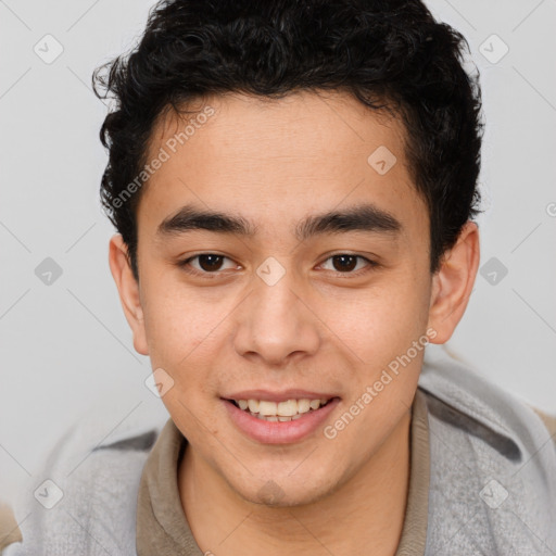 Joyful latino young-adult male with short  brown hair and brown eyes