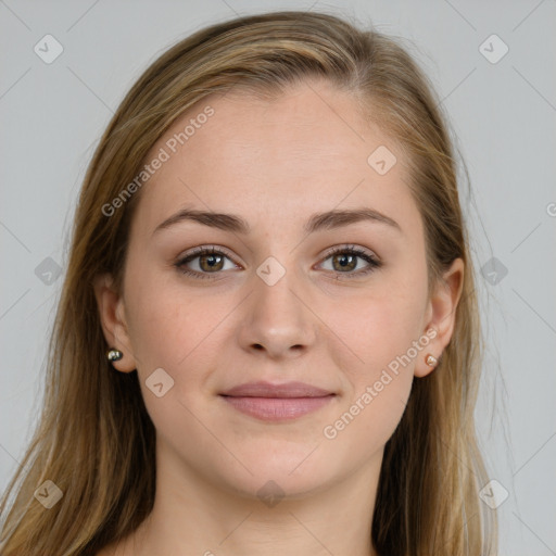 Joyful white young-adult female with long  brown hair and grey eyes