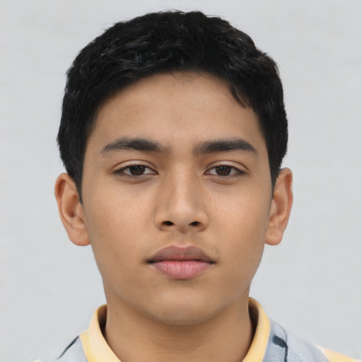 Neutral asian young-adult male with short  black hair and brown eyes
