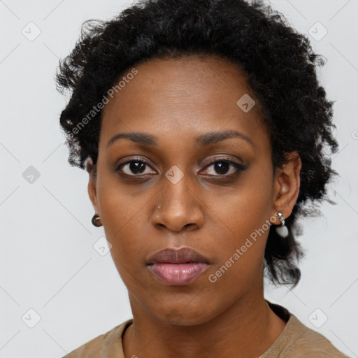 Neutral black young-adult female with short  black hair and brown eyes