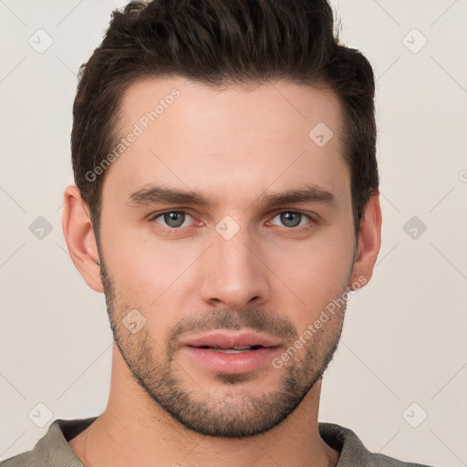 Neutral white young-adult male with short  brown hair and brown eyes