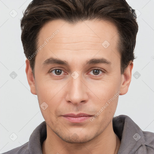 Neutral white young-adult male with short  brown hair and brown eyes