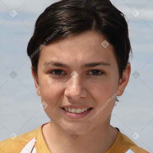 Joyful white young-adult female with short  brown hair and brown eyes