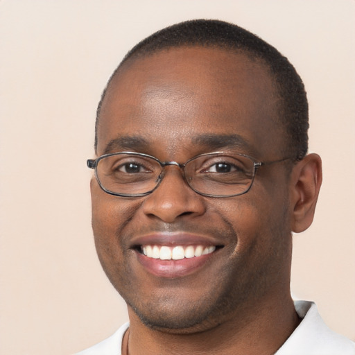 Joyful black young-adult male with short  brown hair and brown eyes