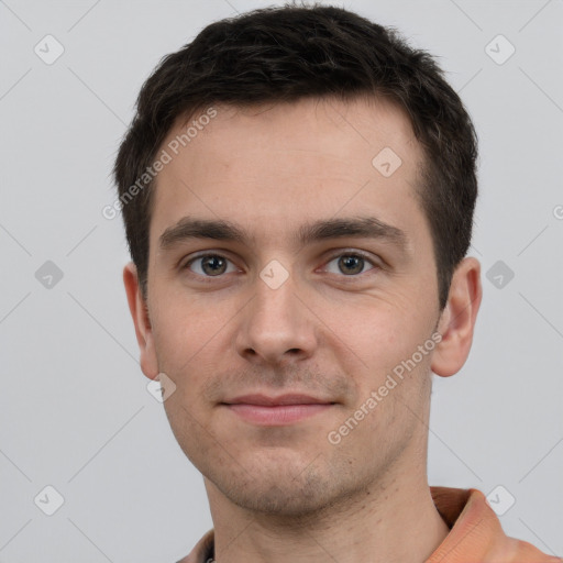 Neutral white young-adult male with short  brown hair and grey eyes