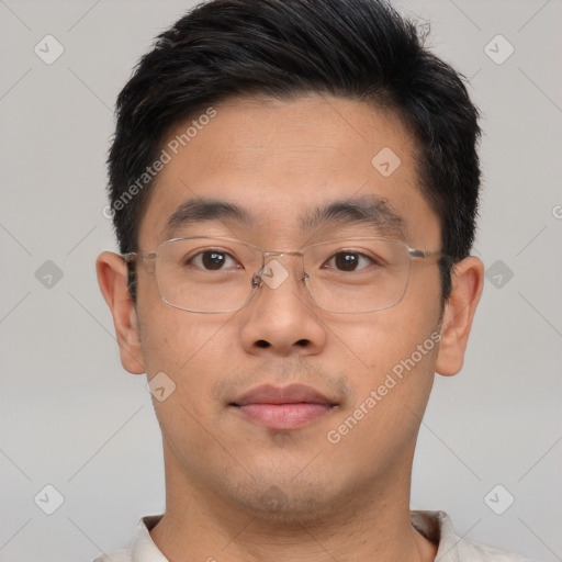 Neutral asian young-adult male with short  brown hair and brown eyes