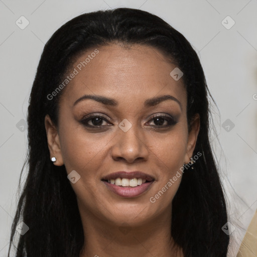 Joyful black young-adult female with long  black hair and brown eyes