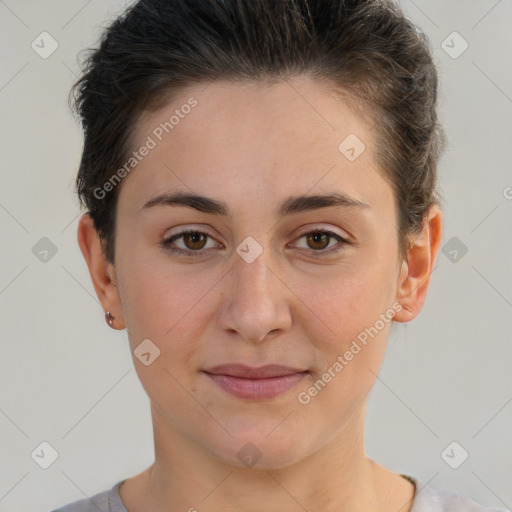 Joyful white young-adult female with short  brown hair and brown eyes